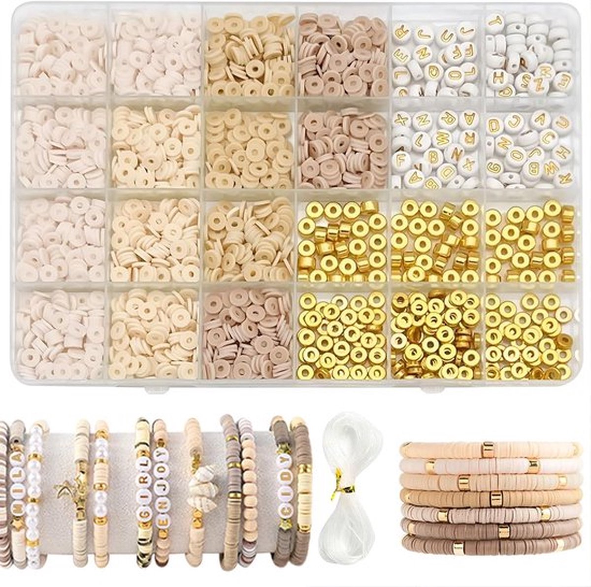 Belugsin 2064 stuks kralen voor armbanden, kralen, polymeerkleikit, sieraden, doe-het-zelf set, kleikralen, set voor het maken van armbanden, kralen, letters, geschikt voor oorbellen, enkelbandjes,