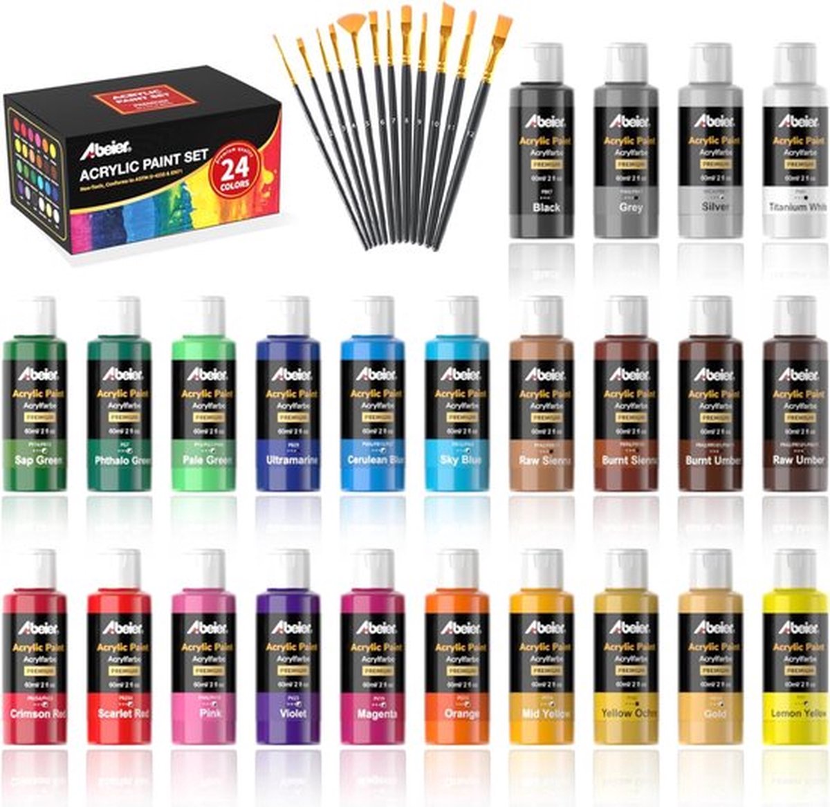 Acrylverf Set - 24 Kleuren - Geschikt voor Beginners & Kunstenaars - 12 Borstels