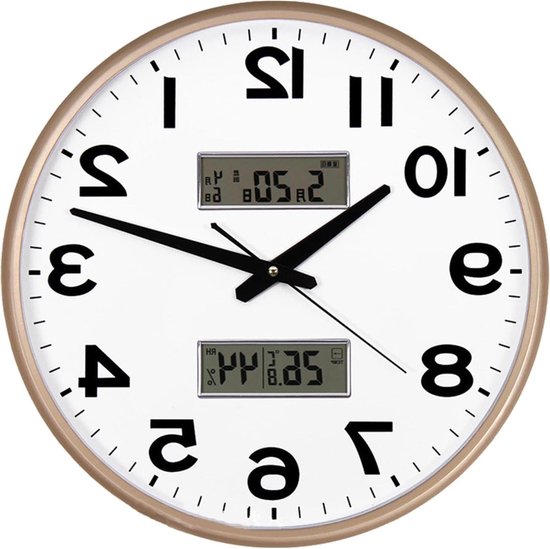 Lafocuse Stille wandklok met kalender, digitaal lcd-scherm, vintage wandklok met datum van de week en thermometer, beige, analoog kwartsklok voor woonkamer, slaapkamer, kantoor, keuken, 30 cm