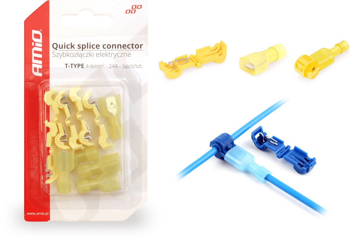 AMiO T-Type Snelsluitende Connector (4-6mm) 24A Blisterverpakking Geel (5 sets)