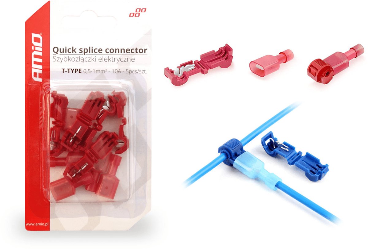 AMiO T-Type Snelsluitende Connector (05-1mm) 10A Blisterverpakking Rood (5 sets)