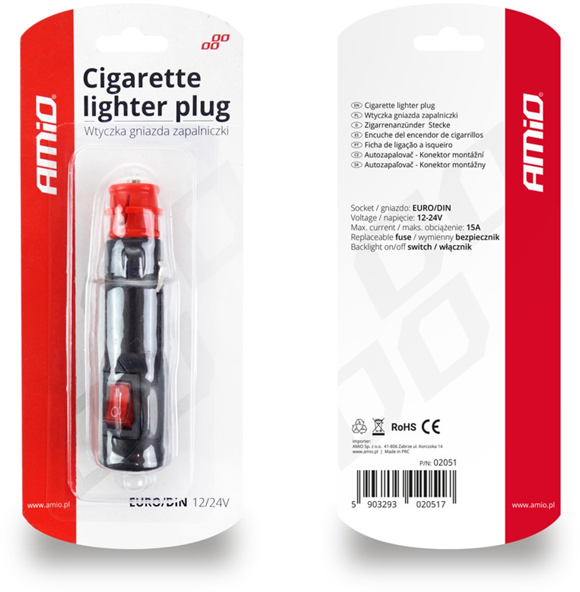AMiO Sigarettenaanstekerplug Autostekker met Schakelaar 12/24V EURO/DIN Universeel