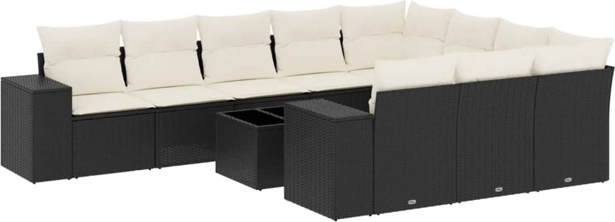 The Living Store 11-delige Loungeset met kussens poly rattan zwart - Loungeset - Tuinbank - Lounge Set - Buitendecoratie - Tuinmeubels