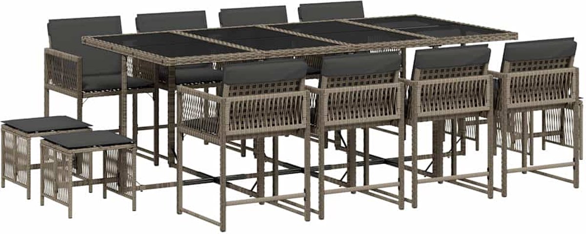 The Living Store 13-delige Tuinset met kussens poly rattan grijs - Tuinmeubels - Buitentafel - Lounge Set - Eetkamerset - PE Rattan