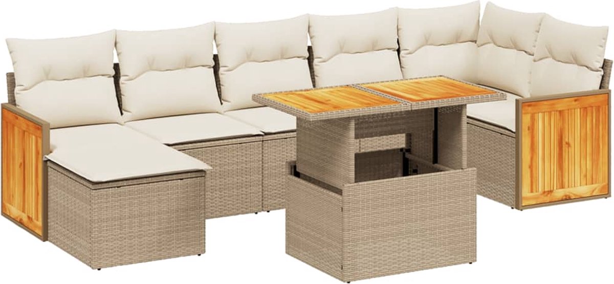 The Living Store 8-delige Loungeset met kussens poly rattan beige - Loungeset - Tuinmeubels - Lounge Set - Buitendecoratie - Tuinontwerp