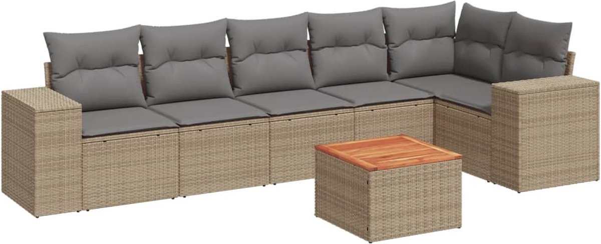 The Living Store 7-delige Loungeset met kussens poly rattan beige - Tuin Lounge Set - Loungebank - Buitendiner - Buitenkamer - Garden Furniture
