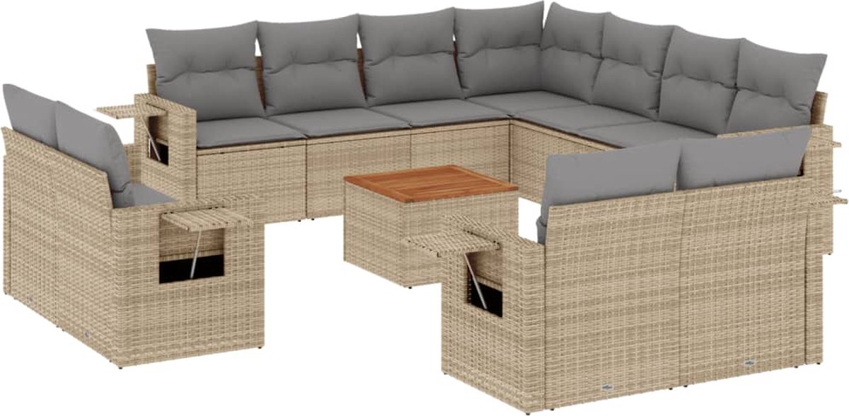 The Living Store 12-delige Loungeset met kussens poly rattan gemengd beige - Loungeset - Tuinlounge - Buitentijdbank - Lounge Set - Tuinmeubelen