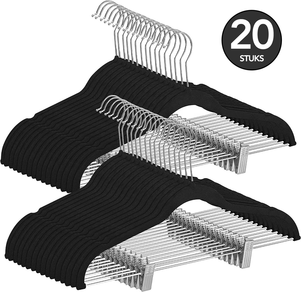 Brixy 20 Kledinghangers - Broekhangers - Fluweel - Met Knijpers - Anti Slip - Kleerhangers - Kledinghangers Broeken - Zwart