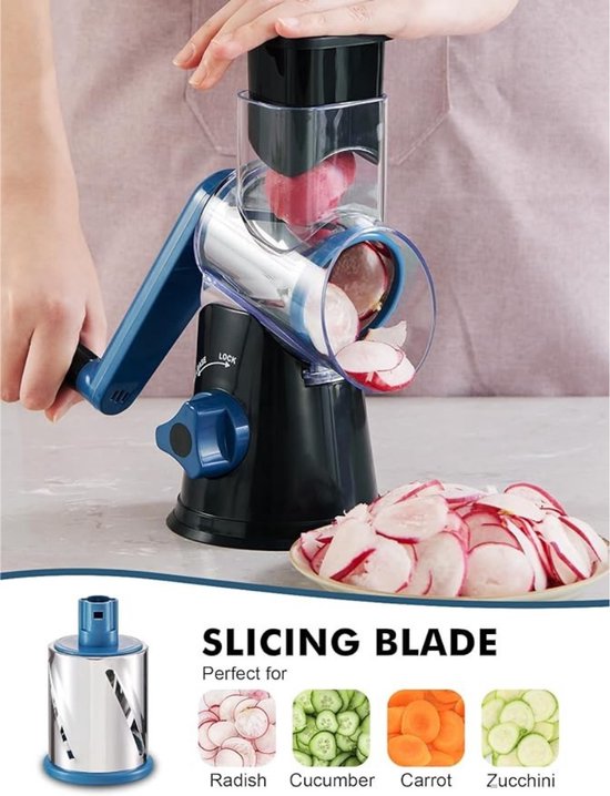 Roterende Kaasrasp, Rasp Groenteheoel met Drie Trommelbladen, Rasp voor Keuken Sneller en Gemakkelijk Snijden, Handmatige Groentesnijder Ldeaal voor Kaas, Komkommer, Wortel, Noten, enz