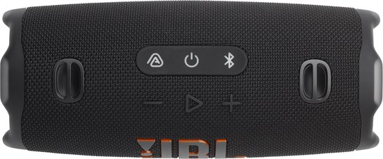 Vue de dessus de l'enceinte JBL Charge 6 noire avec boutons et logo JBL orange.