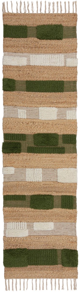 Flycarpets Loper Medina Blocks Jute Vloerkleed Naturel / Groen 67x200 cm