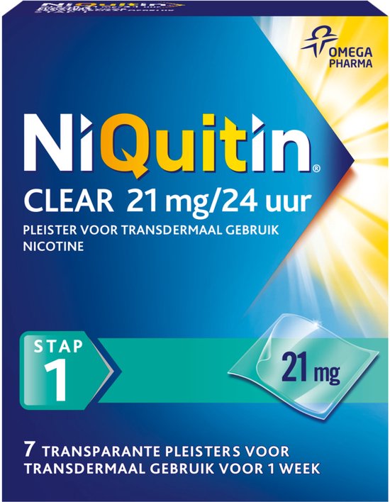 NiQuitin Clear pleister 21 mg/24 uur. Stap 1, 7 transparante pleisters voor transdermaal gebruik voor 1 week.
