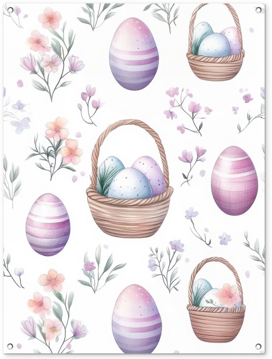 Tuinposter 90x120 cm - Tuindecoratie Bloemen - Paaseieren - Geel - Poster voor in de