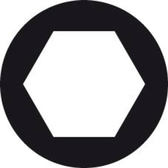 Zwart geperforeerd zeshoeksymbool in een zwarte cirkel.