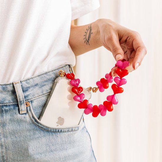 Étui Casies adapté pour Apple iPhone 13 Pro Max avec cordon coeurs rouges et roses - étui de téléphone avec cordon coeurs épais - Transparent - Étui cordon