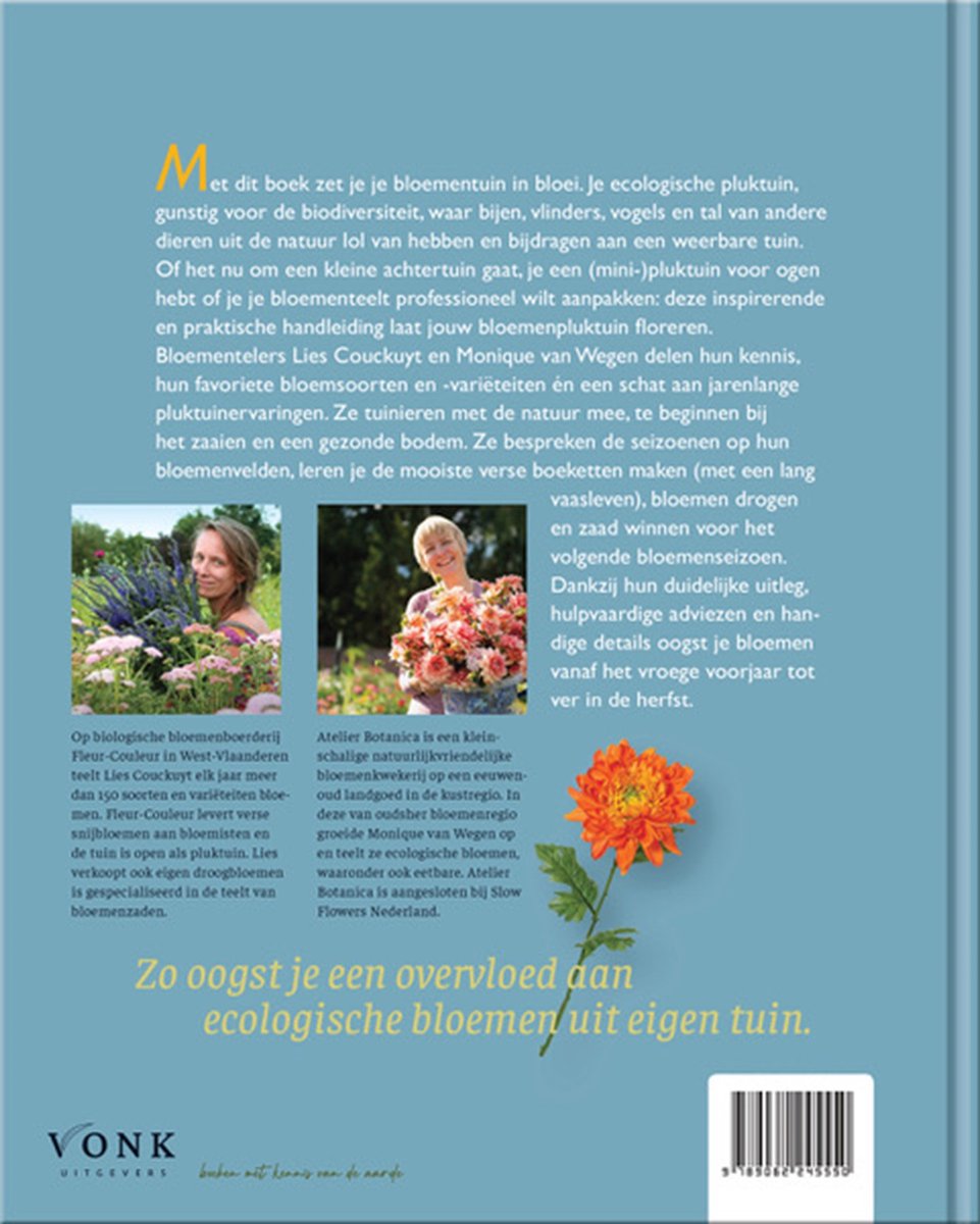 Achterkant van een boek met tekst en twee foto's van vrouwen. Eén met blauwe bloemen, de ander met roze bloemen. Een oranje bloem is op de voorgrond.