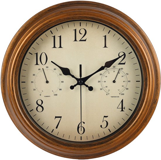 Bruine, weerbestendige retro wandklok van 30 cm met een crème wijzerplaat, Romeinse cijfers, analoge wijzers, thermometer en hygrometer.