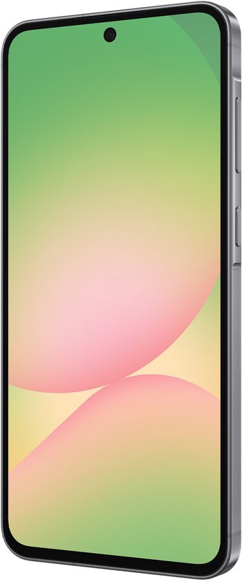 Samsung Galaxy A56 5G gris, vue de côté, avec un écran affichant un dégradé de couleurs.
