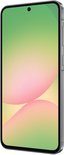 Samsung Galaxy A56 5G gris, vue de côté, avec un écran affichant un dégradé de couleurs.