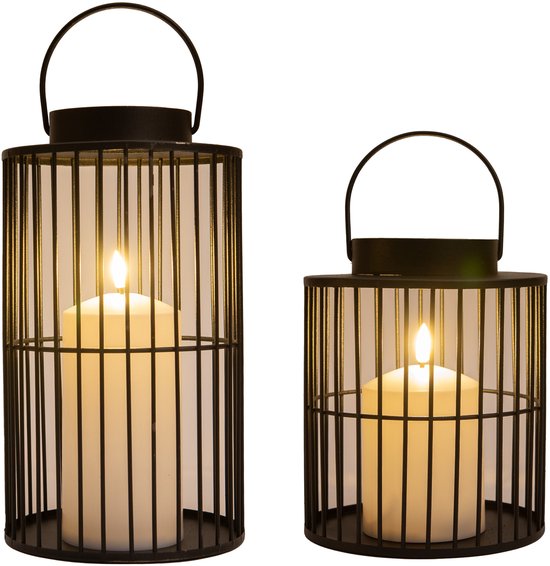 Foto: Anna collection windlicht kaarsenhouder met led kaars 2x stuks zwart buiten lantaarn metaal