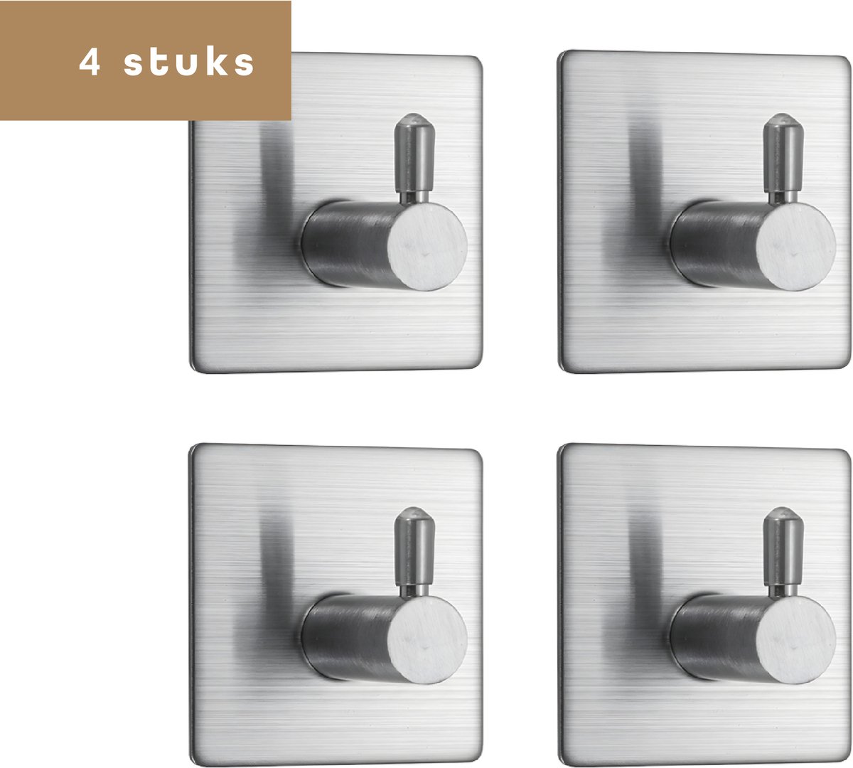 Baulk® - Handdoekhaakjes zelfklevend – Ophanghaken – Wandhaken – Haken zelfklevend – Zonder boren – Set van 4 – Zilver – RVS