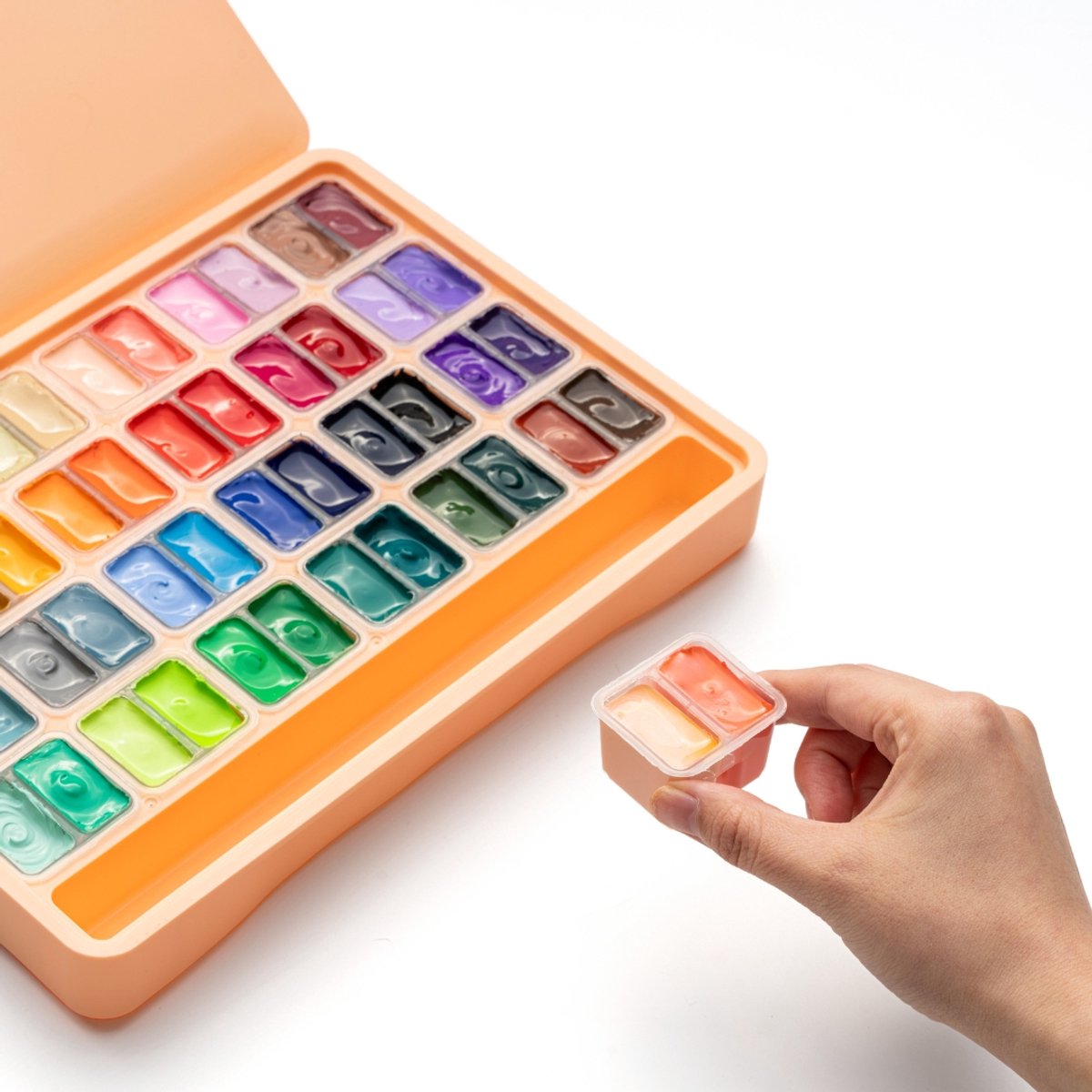HIMI - Gouache - Twin split cups - set van 48 kleuren - 12g - 3 penselen - Peach Fuzz — afbeelding 4