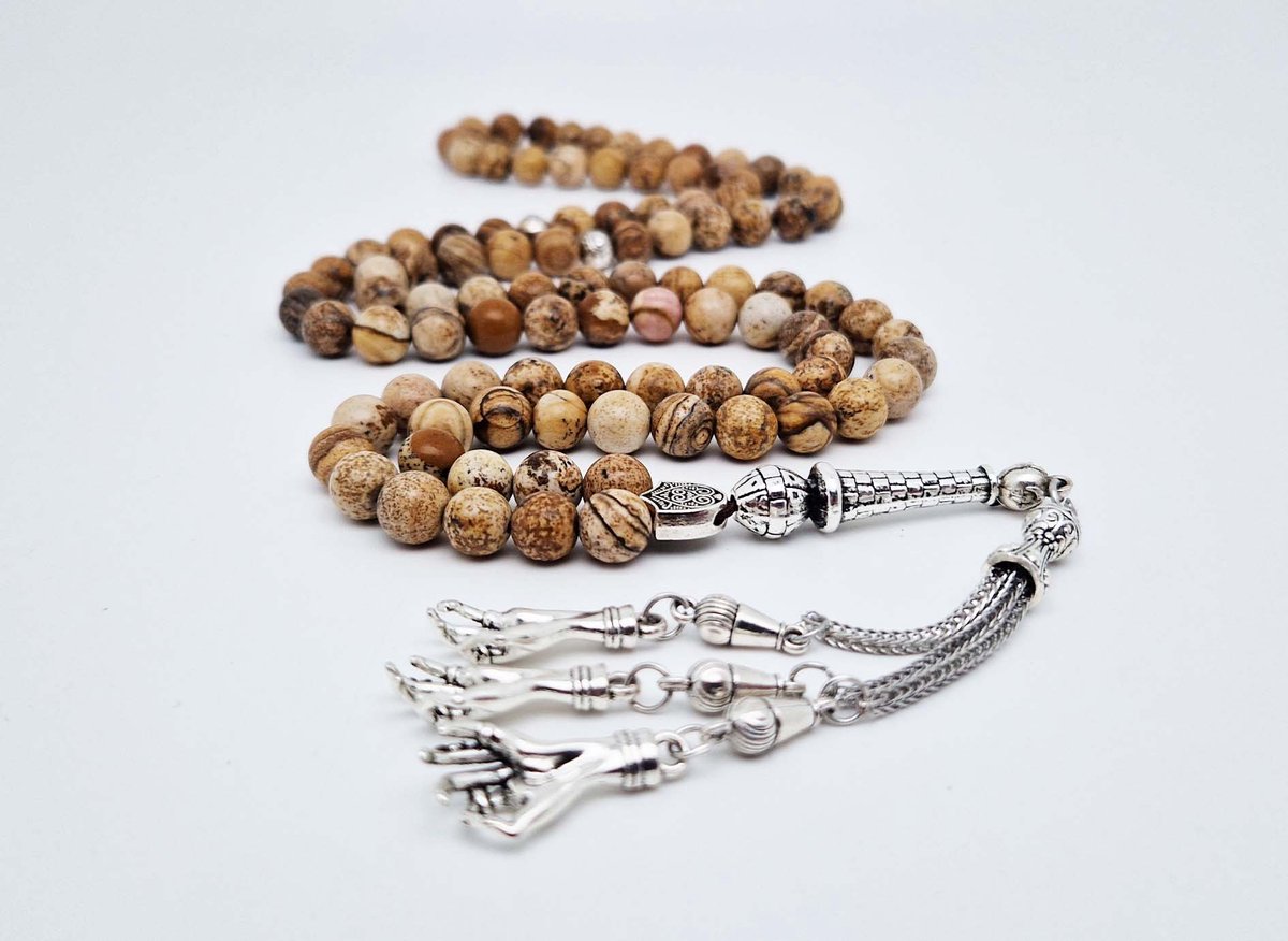 Handgemaakte tesbih "Tasbih" natuursteen "Picture Jasper" - Aantal kralen 99 - Diameter kralen 8MM - met metaal tassel "Palm" - Een mooi cadeau-idee