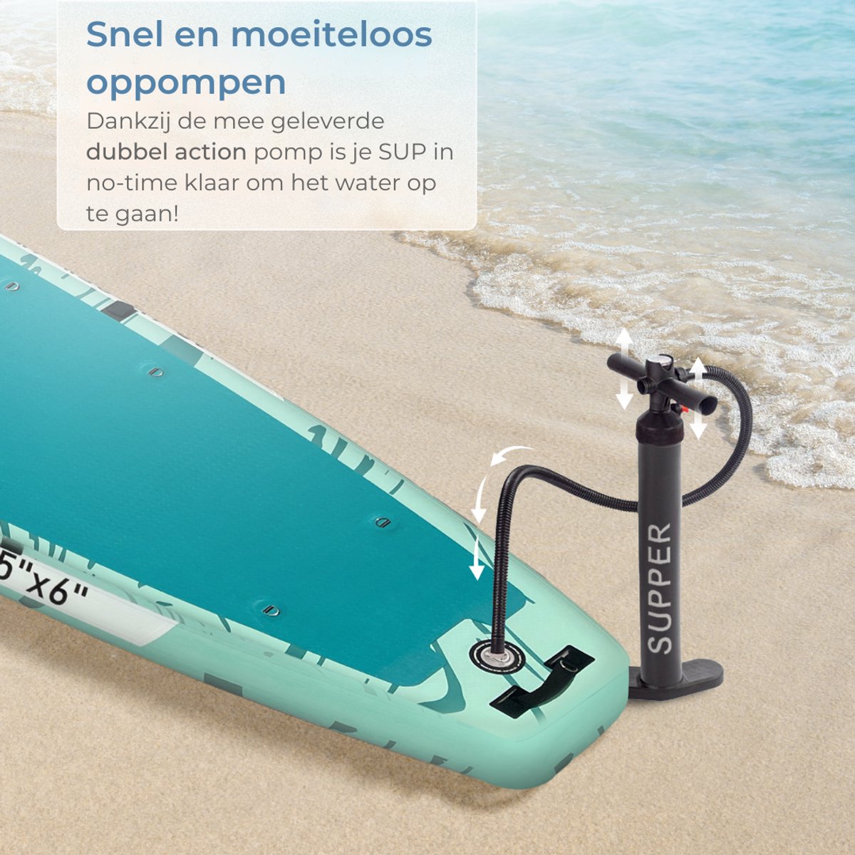 Supper Sup Board XL - Max. 220KG - Opblaasbaar – Zitje – Verstelbare Peddel – Waterdicht Telefoonhoesje – Pomp – Vin – Leash – Draagtas – Touring 381 x 81 cm - Turqoise – foto 8
