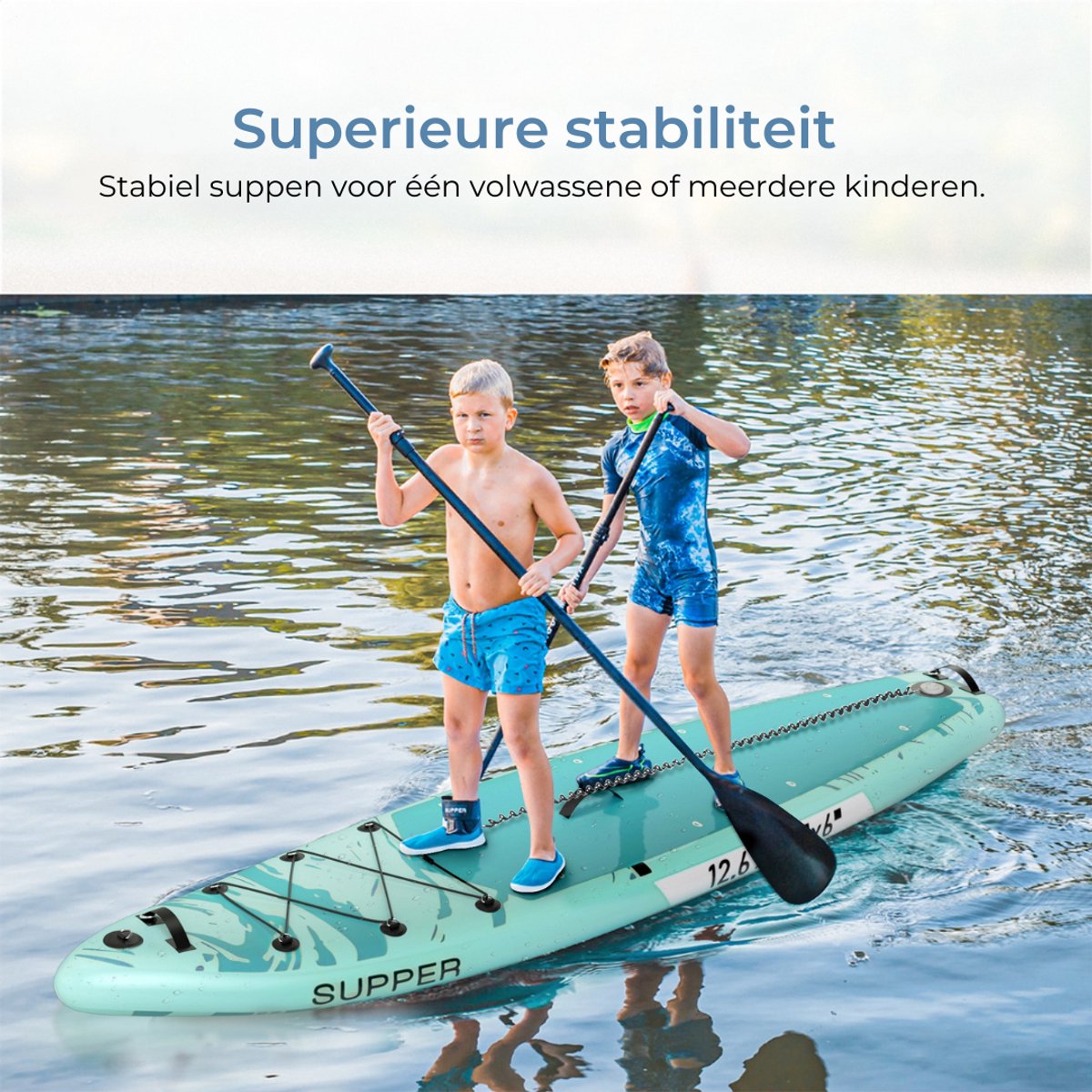 Supper Sup Board XL - Max. 220KG - Opblaasbaar – Zitje – Verstelbare Peddel – Waterdicht Telefoonhoesje – Pomp – Vin – Leash – Draagtas – Touring 381 x 81 cm - Turqoise – foto 2