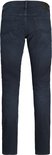 Achterkant van donkerblauwe herenjeans met rechte pijpen, zonder model.
