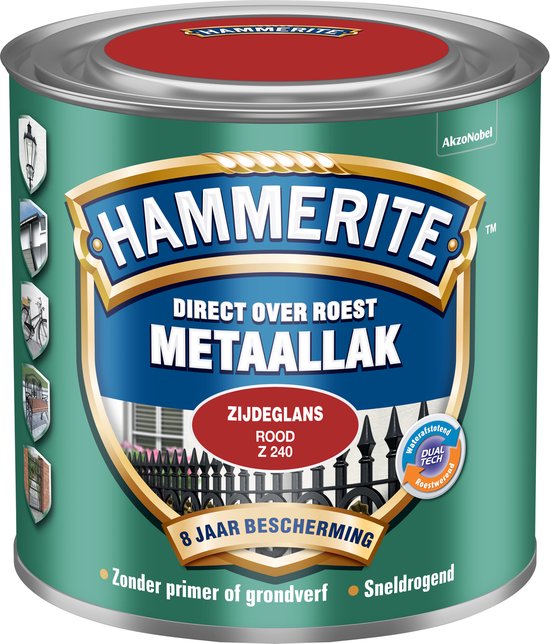 Hammerite metaallak, zijdeglans, rood Z240. Blik met groene opdruk en rode deksel.