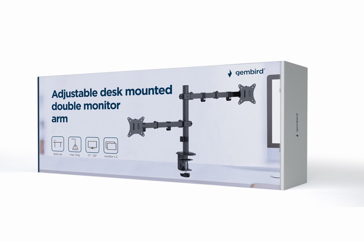 Gembird Bureau Monitorarm voor Dubbele Monitoren, 17–32 Inch, Tot 9 kg per Monitor, Rotatie, Kanteling & Zwenking, VESA-compatibel, Ingebouwd Kabelbeheer, Zwart thumbnail 2