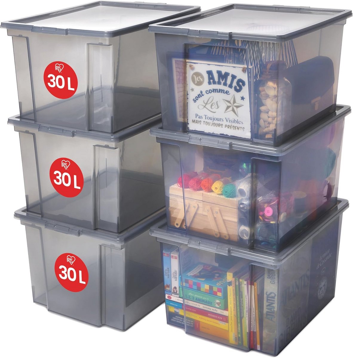 Set van 6 stapelbare opbergdozen 30L met deksel voor garage, slaapkamer, en woonkamer - Grijs