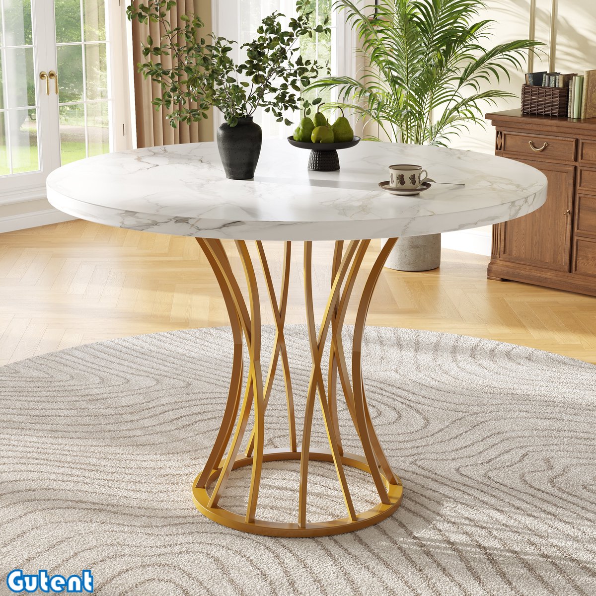 Gutent Ronde Tafel (80 x 80 x 76 cm) - geschikt voor 4-6 personen -MDF marmeren blad - Gouden poten
