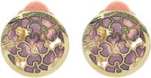 Behave® Clip oorbellen oorclips goud kleur met emaille bloemen paars 1,2 cm