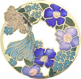 Behave® Broche bloemen rond goud kleur blauw paars - emaille sierspeld -  sjaalspeld  4 cm