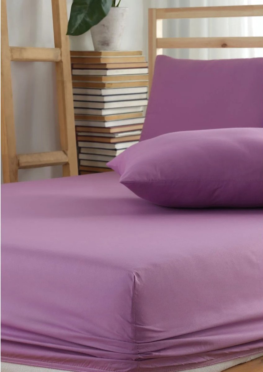 Hoeslaken - Inclusief Kussensloop - 100% Ranforce Katoen - 200x200 cm - Lila - Zacht - Ademend & Hypoallergeen - Elastische Hoeken tot 35 cm - Perfecte Pasvorm - De Linde Home