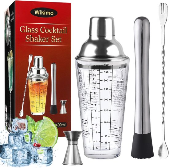 Shaker à cocktail en verre vintage, verres à cocktail et shaker