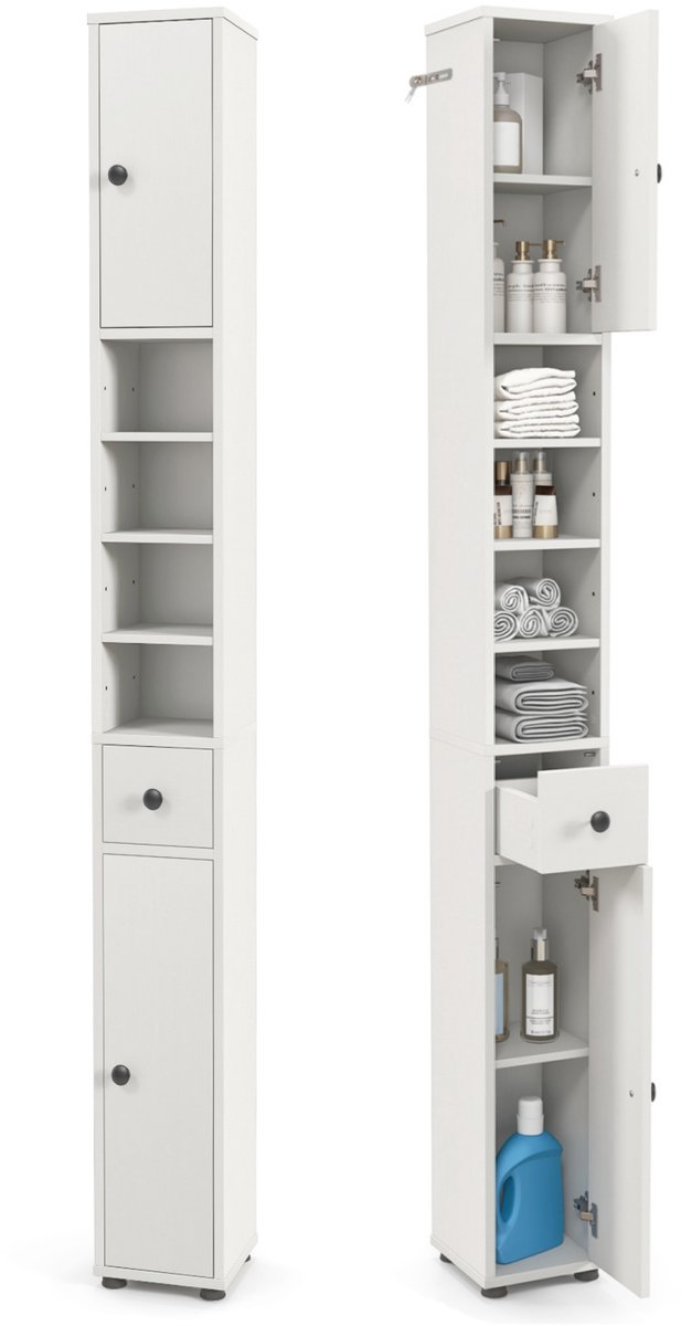COSTWAY Badkamerkast met 2 deuren, 1 lade en verstelbare planken, hoge badkamerkast, Smal opbergkast ruimtebesparend voor badkamer, woonkamer, 20 x 20 x 180 cm, wit