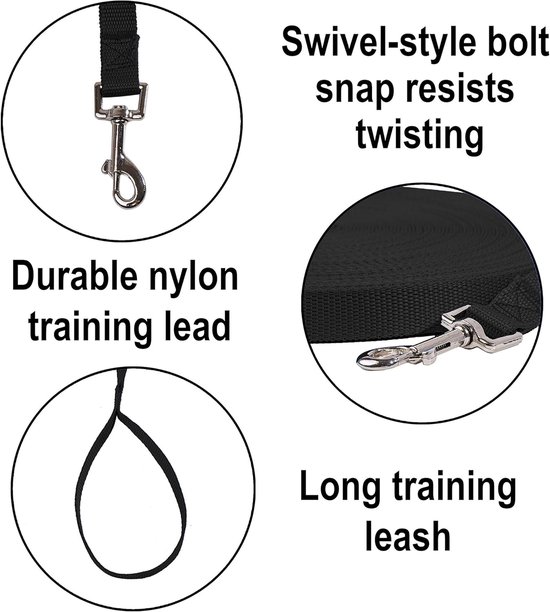 X XBEN Robuuste en lichte sleeplijn 20 m voor honden, sleeplijn met comfortabele polsband, reflecterende hondenriem met metalen haak, lange trainingslijn, looplijn voor kleine, middelgrote en grote