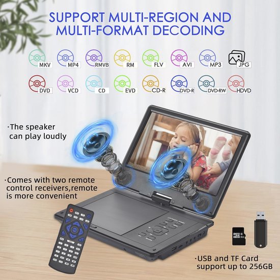 Lecteur DVD portable avec Bluetooth et écran rotatif de 10,5 pouces pour enfants