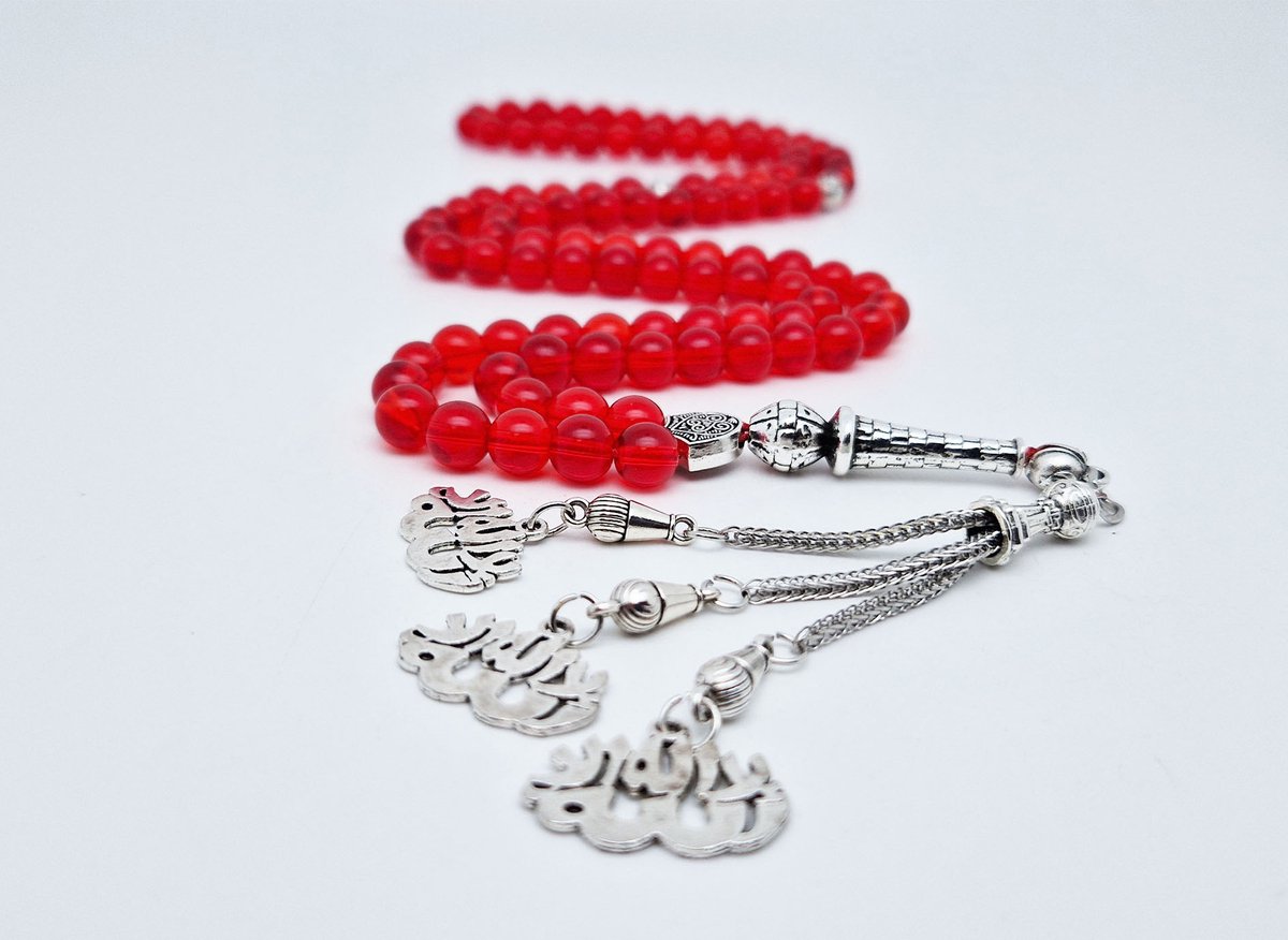 Handgemaakte tesbih "Tasbih" natuursteen "Rode kwarts" - Aantal kralen 99 - Diameter kralen 8MM - met metaal tassel "La alih ala allah" - Een mooi cadeau-idee