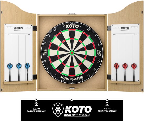 KOTO - Darts Center Licht Eiken - Classic Dartbord - Darts (6x) - Throwline - Whiteboard + Marker - Dartset - Dartkabinet