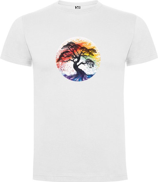 Wit T-Shirt met Kleurrijke print “ Levensboom in chakra kleuren - Zen – Meditatie “ Print Full Color Maat 3XL
