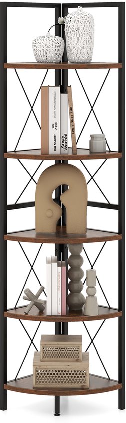 Étagère d'angle COSTWAY à 5 niveaux, hauteur 160 cm, bibliothèque, bois, étagère sur pied avec cadre en métal, étagère de rangement, pour salon, salle de bain, cuisine et couloir (vintage)
