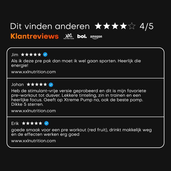 Recensies voor "Dit vinden anderen" met een 4/5 sterrenbeoordeling, met commentaren van Jim, Johan en Erik over XXL Nutrition producten.