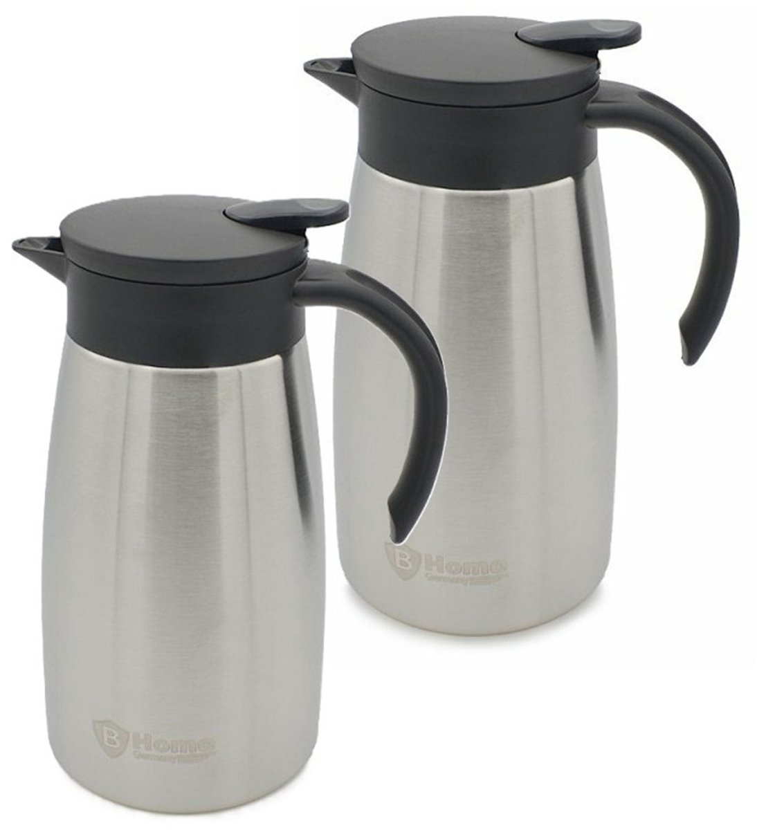 B-Home Koffie en warme dranken thermoskan/isoleerkan - 2x stuks - met schenktuit - rvs - zilver - 1 liter - 24 cm - Koffiekan