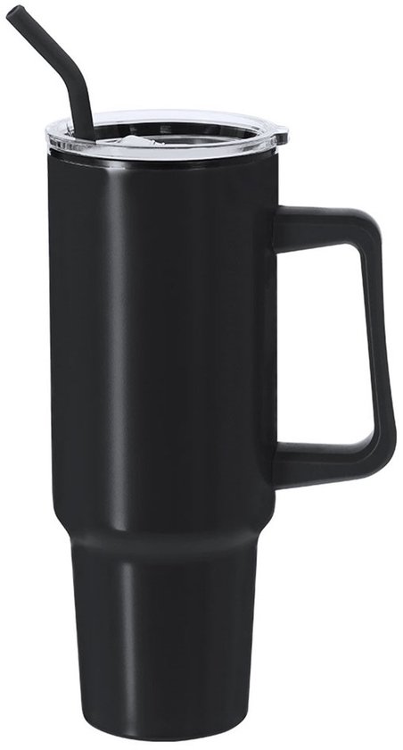 Zwarte RVS thermosbeker met handvat en zwart rietje.