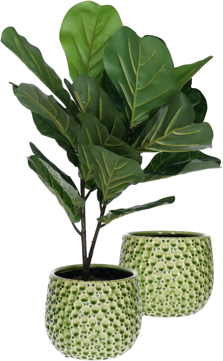 Mega Collections Plantenpot/bloempot Pebblo - 2x - keramiek/geglazuurd - groen - druppels - D21 x H17 cm