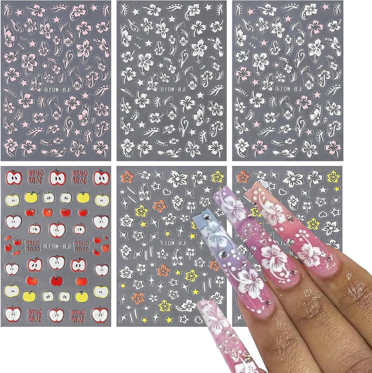 Lente bloem nagel stickers - 6 vellen 5D hibiscus design met zelfklevende nail art